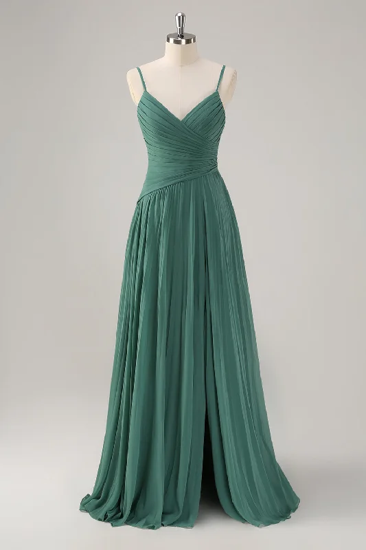 Party Dresses for Celebration -Eucalyptus A-Line Spaghetti Straps Pleated Chiffon Bridesmaid Dress with Slit