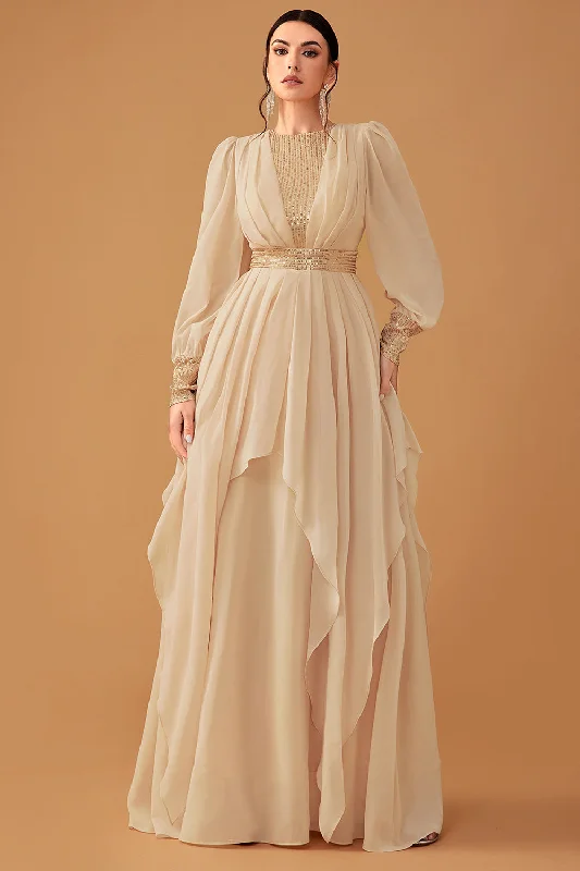 Striped Dresses for Fashionable -Champagne Ruffles A Line Long Prom Dress with Long Sleeves