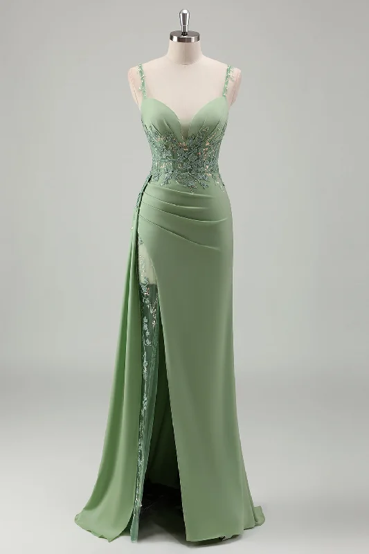 Nylon Dresses for Stretchable -Sparkly Light Green Mermaid Spaghetti Straps Appliques Long Prom Dress with Slit