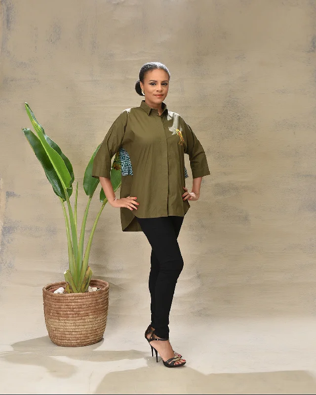 Nursing Blouses for Mothers -Aimas Namke Shirt with Gele image and Adire crepe back detail