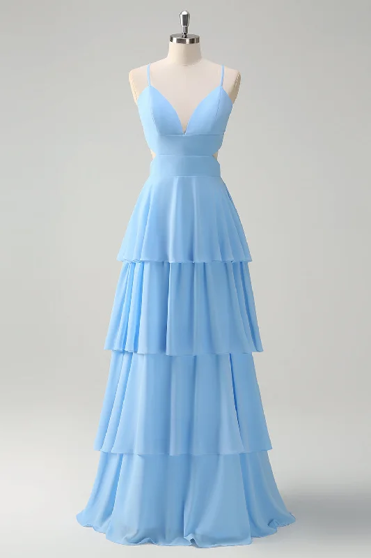 Fringed Dresses for Edgy -Sky Blue A-Line Spaghetti Straps Tiered Chiffon Bridesmaid Dress