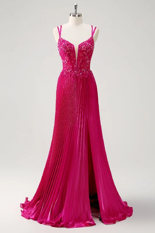 Elastic Dresses for Fit -Fuchsia Sheath Spaghetti Straps Pleated Long Corset Prom Dress with Appliques