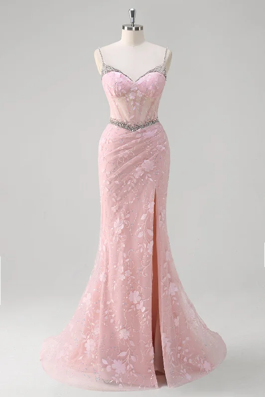 Valentine's Day Dresses for Romance -Pink Mermaid Spaghetti Straps Sequined Floral Corset Prom Dress with Beading