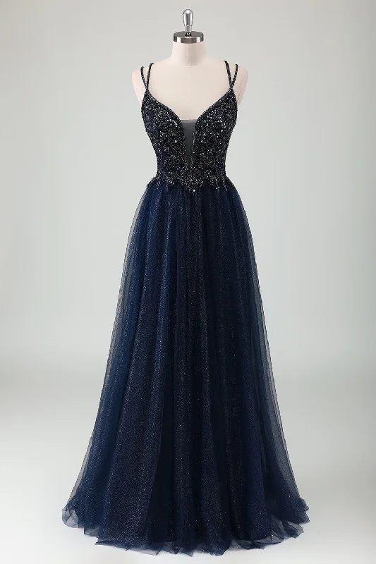 Sheath Dresses for Sophisticated -Sparkly Navy Spaghetti Straps A Line Long Prom Dress with Sequins