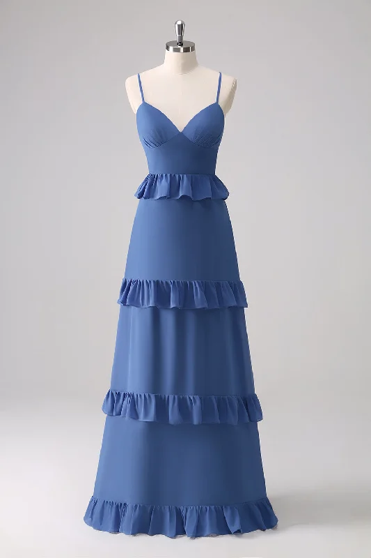 Casual Dresses for Everyday -Dark Blue Spaghetti Straps Tiered A-Line Bridesmaid Dress