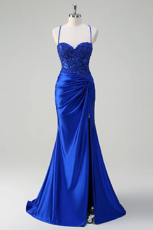 Silk Dresses for Luxurious -Royal Blue Mermaid Spaghetti Straps Pleated Appliqued Prom Dress