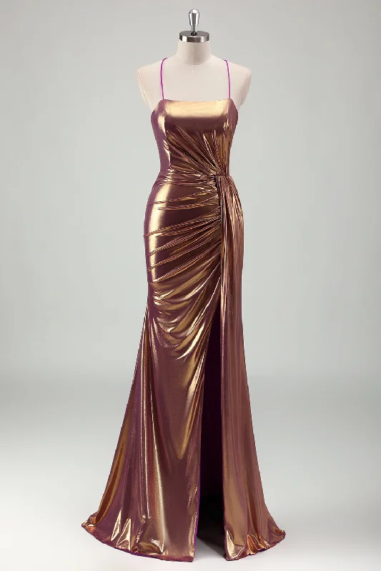 Belted Dresses for Shaping -Metallic Gold Mermaid Spaghetti Straps Ruched Long Prom Dress with Slit