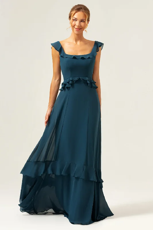 Valentine's Day Dresses for Romance -A-Line Dark Peacock Green Scoop Neck Chiffon Long Bridesmaid Dress