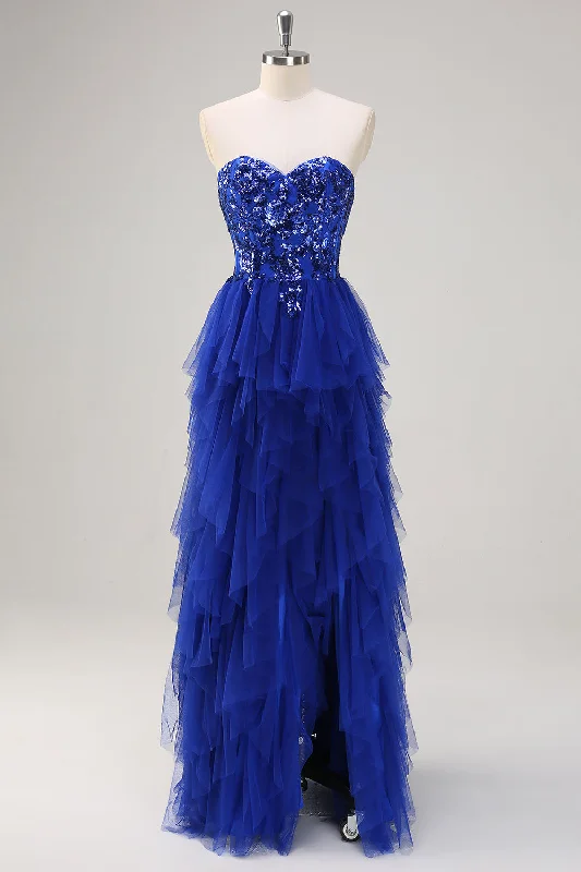 Off-shoulder Dresses for Feminine -Sparkly Royal Blue A-Line Strapless Sequin Ruffles Tulle Long Prom Dress with Slit