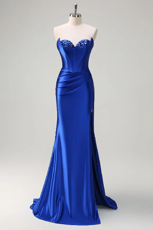 Nylon Dresses for Stretchable -Royal Blue Mermaid Strapless Corset Sequin Ruched Long Prom Dress with Slit