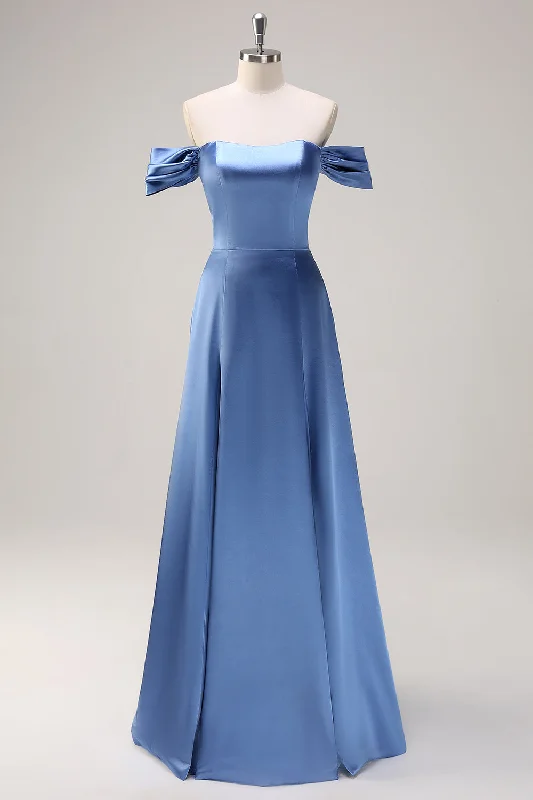 Flared Dresses for Retro -Dusty Blue A Line Off The Shoulder Satin Long Bridesmaid Dress