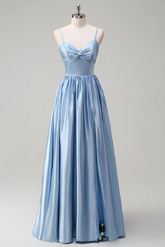 Retro Dresses for Throwback -Sky Blue Spaghetti Straps A-Line Long Bridesmaid Dress