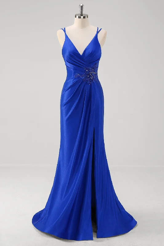 A-line Dresses for Flattering -Sparkly Royal Blue Mermaid Spaghetti Straps Long Prom Dress With Slit