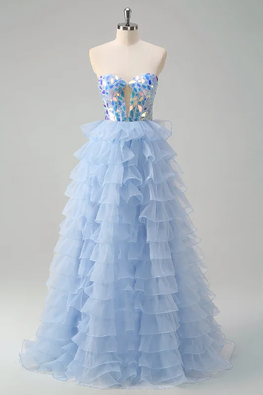 Mother's Day Dresses for Gift -Blue A-Line Sweetheart Keyhole Corset Tiered Mirrors Ruffle Long Prom Dress