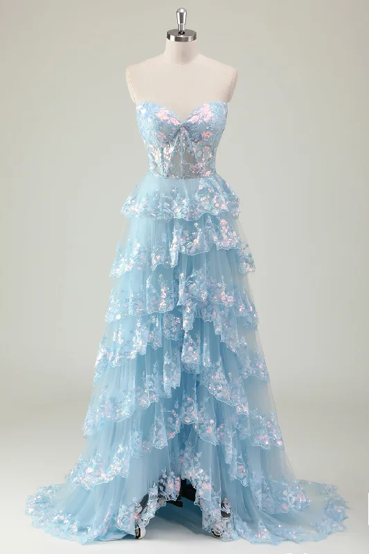 Birthday Dresses for Celebration -Glitter Blue A Line Strapless Sequin Corset Tiered Long Prom Dress