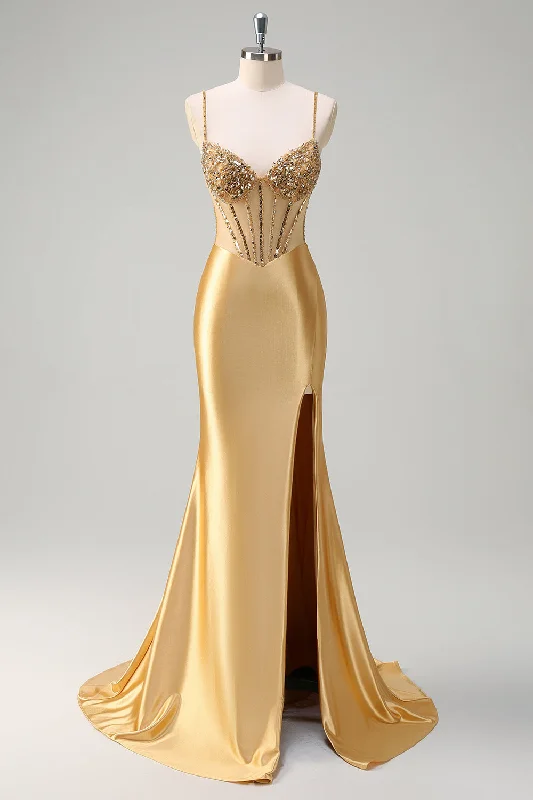 Fashionable Dresses for Style -Sparkly Golden Mermaid Spaghetti Straps Corset Long Prom Dress with Slit