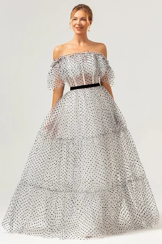 Fringed Dresses for Edgy -White Black A-Line Off The Shoulder Long Prom Dress with Dot