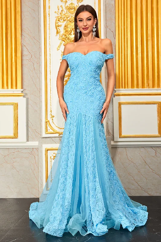 Yellow Dresses for Bright -Light Blue Appliques A Line Off the Shoulder Floral Tulle Long Prom Dress