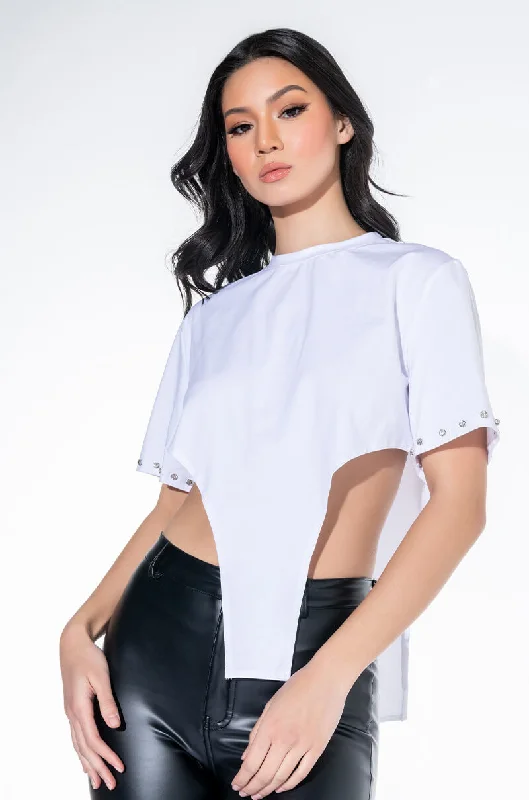 Elastic Shirts for Flex -FIRED UP EMBELLISHED COLLAR CREWNECK TSHIRT WHITE