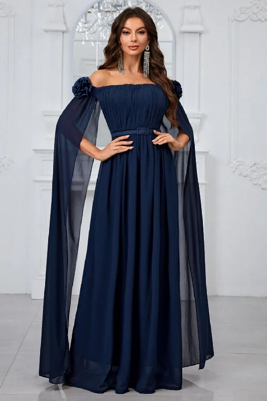 Evening Dresses for Formal Events -Navy Pleated A Line Off the Shoulder Long Prom Dress