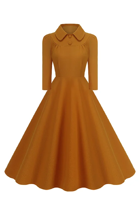 Strapless Dresses for Glamorous -Yellow Peter Pan Collar Long Sleeves A-Line Midi 1950s Dress