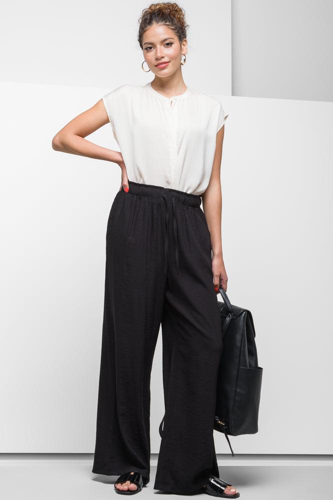 Stretch tight trousers for women with deep waistband for extra comfort and fit -Crinkle Pants Black