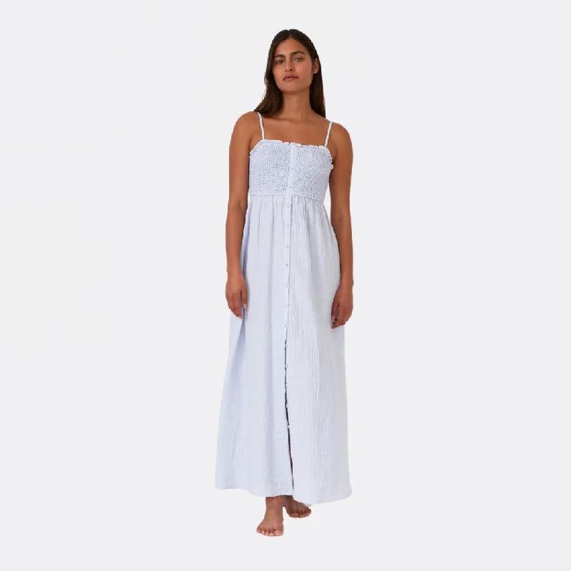 Modern Dresses for Trendy -Cotton Button Front Smocked Sleeveless Maxi Dress (Dusty Blue)