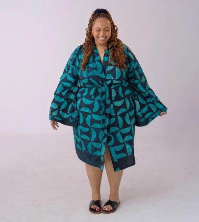 Ruffled Blouses for Girly -Oya Abeo Jade Cotton Robe, hand-printed button down shirt