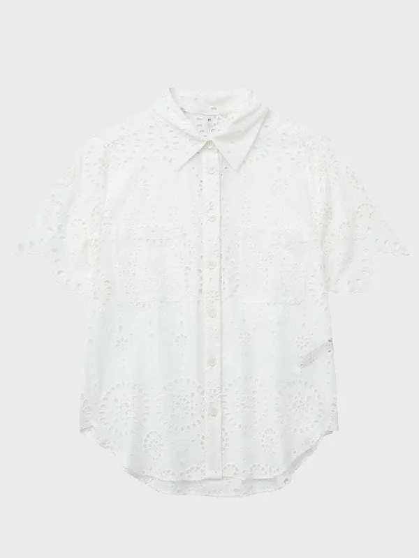 Linen Shirts for Breathable -Hollow Embroidery Shirt & Straight Shorts Set