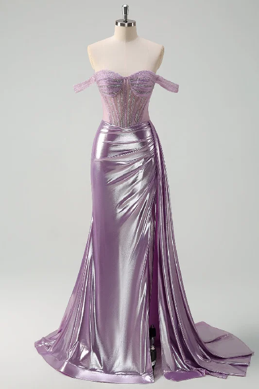 Contemporary Dresses for Fashion -Light Purple Off The Shoulder Watteau Train Mermaid Corset Metallic Prom Dress