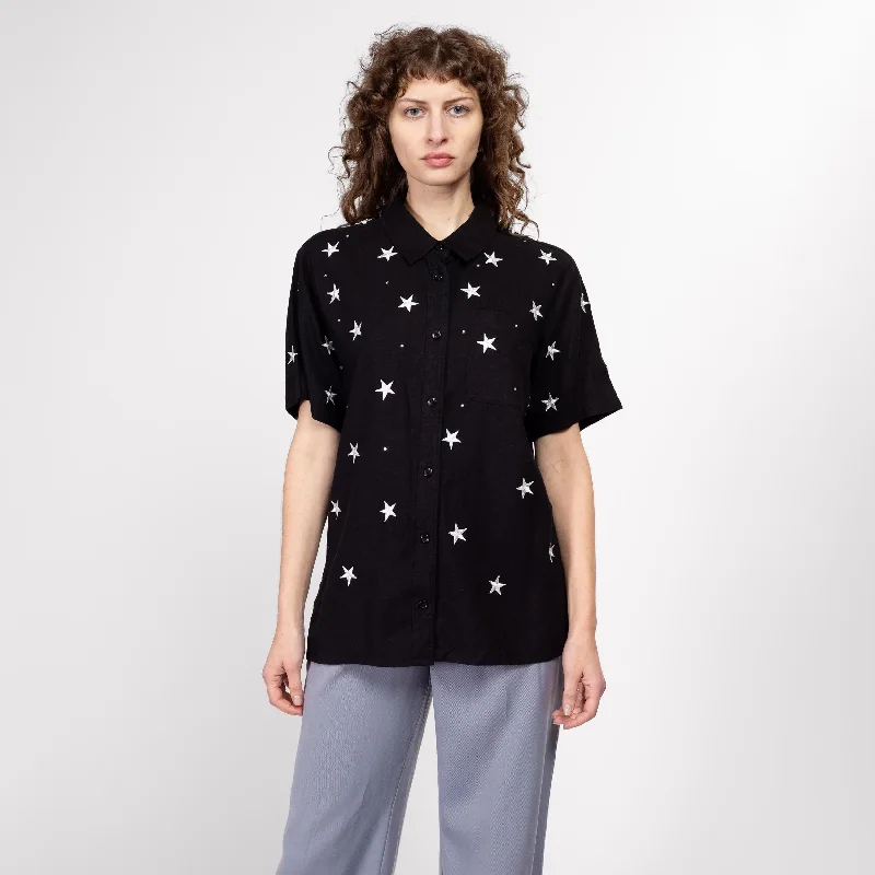 Spandex Shirts for Fit -Medium 90s Black Linen Embroidered Star Shirt