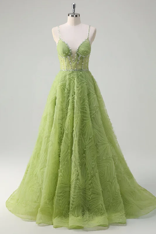 Belted Dresses for Shaping -Sparkly Sequins Green Princess Spaghetti Straps Ruched Long Prom Dress