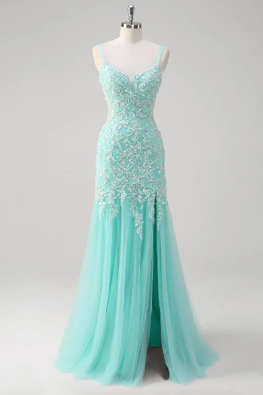 Bohemian Dresses with Tassels -Sparkly Mint Mermaid Lace Long Prom Dress with Slit