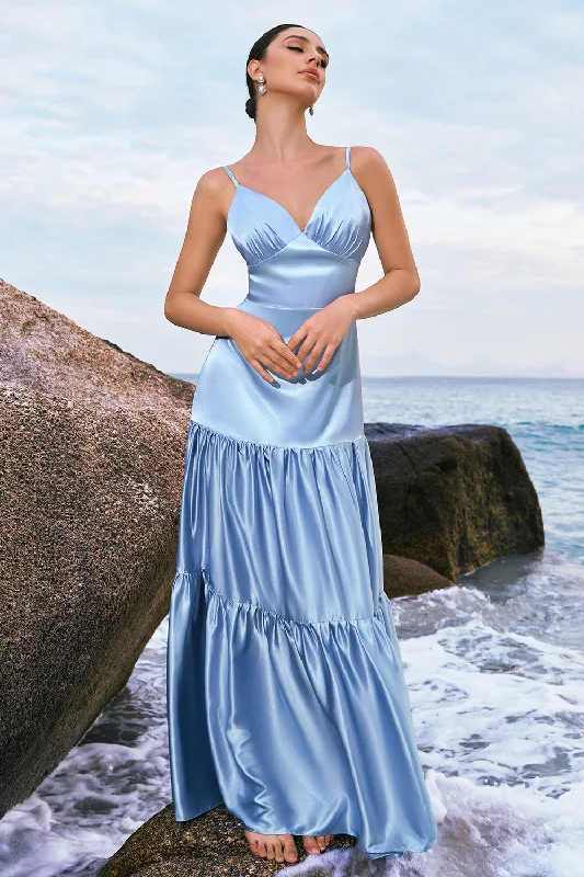 Minimalist Dresses for Simplicity -Sky Blue A-Line Spaghetti Straps Backless Satin Long Bridesmaid Dress