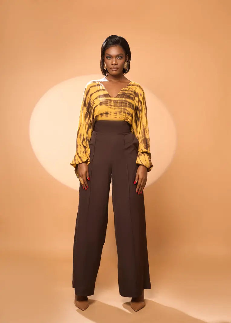 Printed Blouses with Patterns -Dela set Long Sleeve Shirt and Wide Leg Trousers