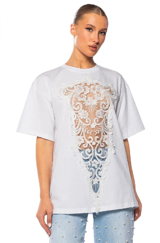 Off Shoulder Blouses for Sexy -CARA SHEER LACE DETAILED T SHIRT IN WHITE