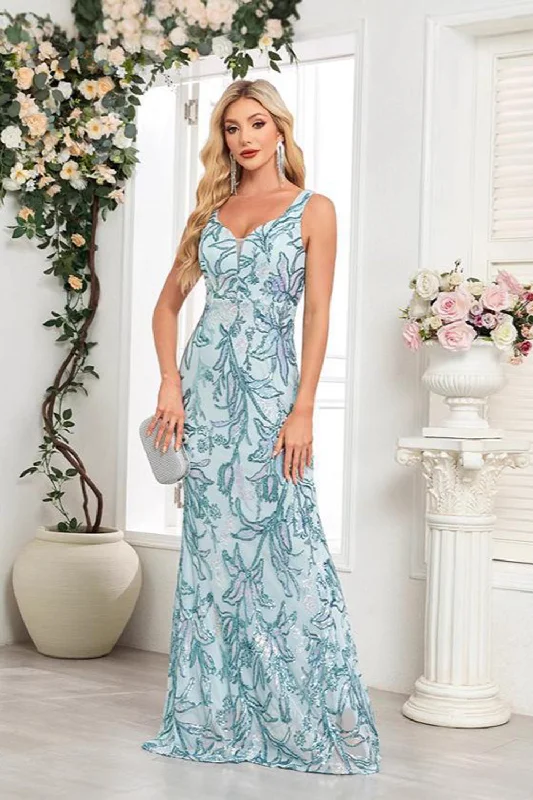 Wool Dresses for Warmth -Blue Floral Sheath V-Neck Long Prom Dress