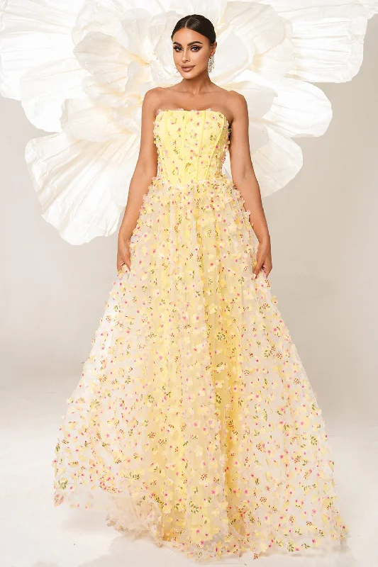 Fashionable Dresses for Style -Yellow Strapless A Line Corset Tulle Long Prom Dress with Appliques