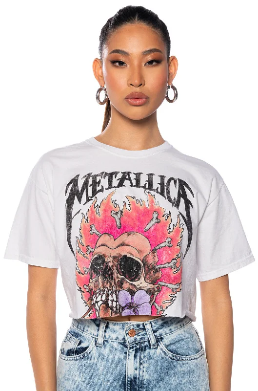 High Neck Blouses for Modest -METALLICA FLORAL SKULL CROPPED T SHIRT