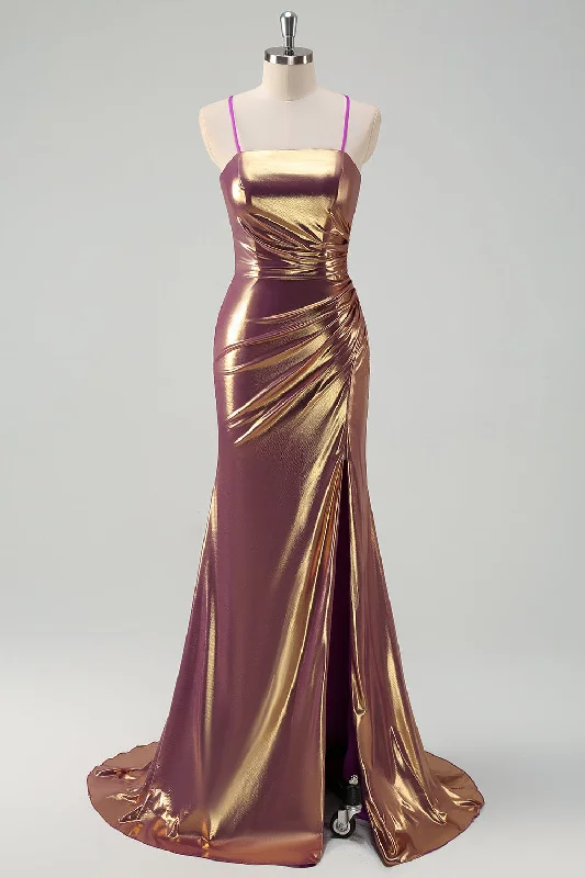 Abstract Dresses for Creative -Metallic Golden Mermaid Spaghetti Straps Long Prom Dress with Slit