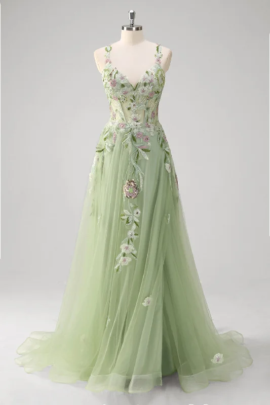 One-shoulder Dresses for Trendy -Green A line Spaghetti Straps Appliqued Corset Long Prom Dress With Tulle