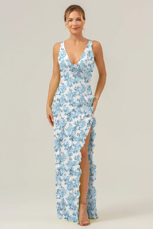 Printed Dresses with Patterns -Blue Flower Sheath Deep V Neck Backless Long Bridesmaid Dress with Ruffle Slit