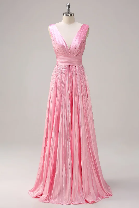 Embroidered Dresses for Detailed -Pink A Line V Neck Chiffon Open Back Pleated Long Bridesmaid Dress