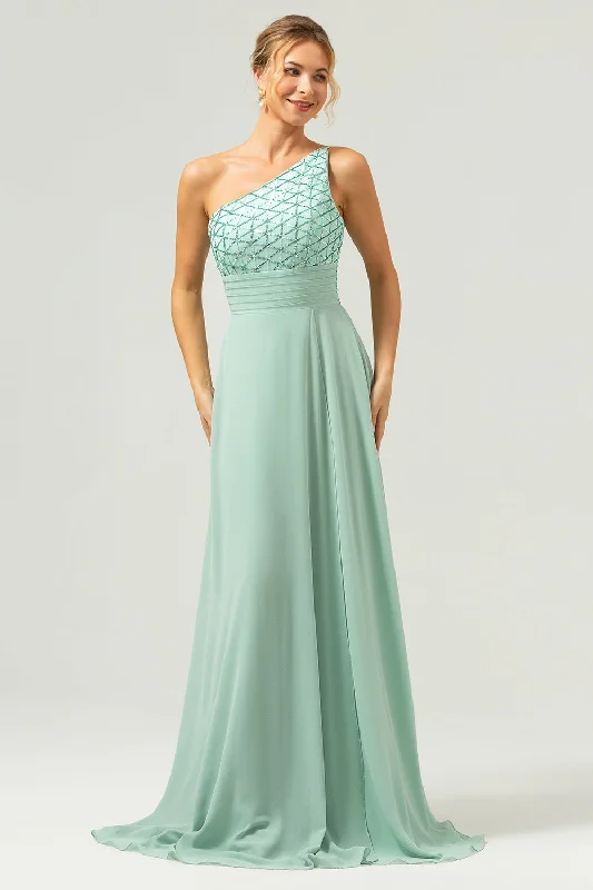 Prom Dresses for School Dance -Sparkly Green A-Line One Shoulder Chiffon Long Bridesmaid Dress