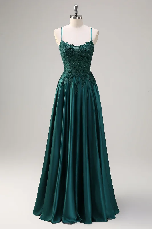 White Dresses for Pure Look -Dark Green A-Line Spaghetti Straps Satin Beaded Long Prom Dress with Appliques