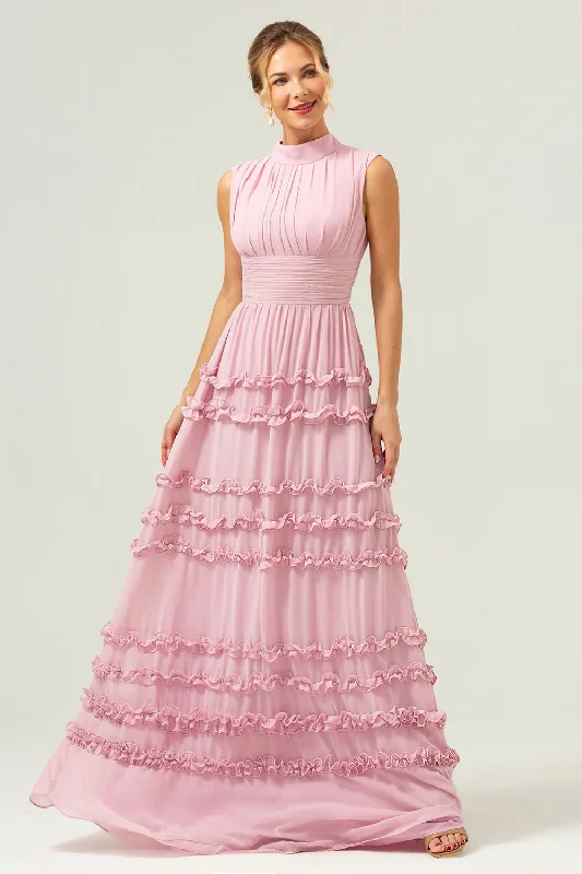 Mother's Day Dresses for Gift -Blush A-Line Ruffled Chiffon Long Bridesmaid Dress with Open Back