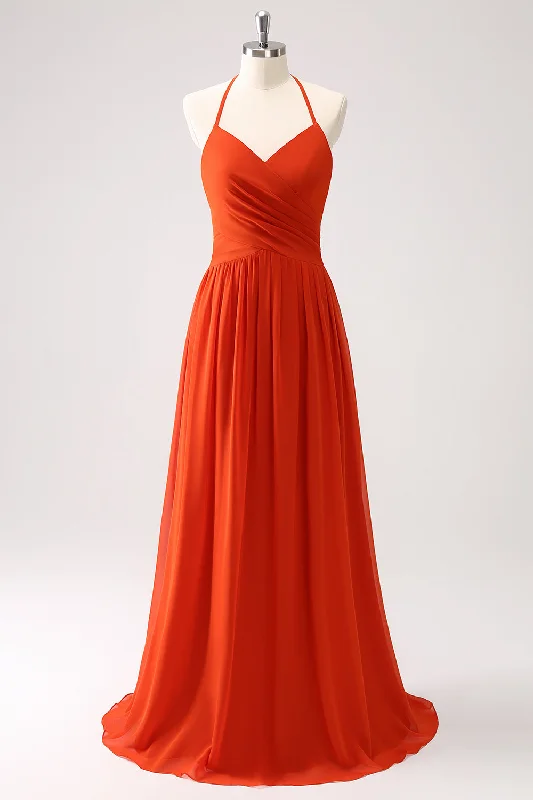 Sequined Dresses for Sparkle -Orange A-Line Halter Ruched Long Bridesmaid Dress