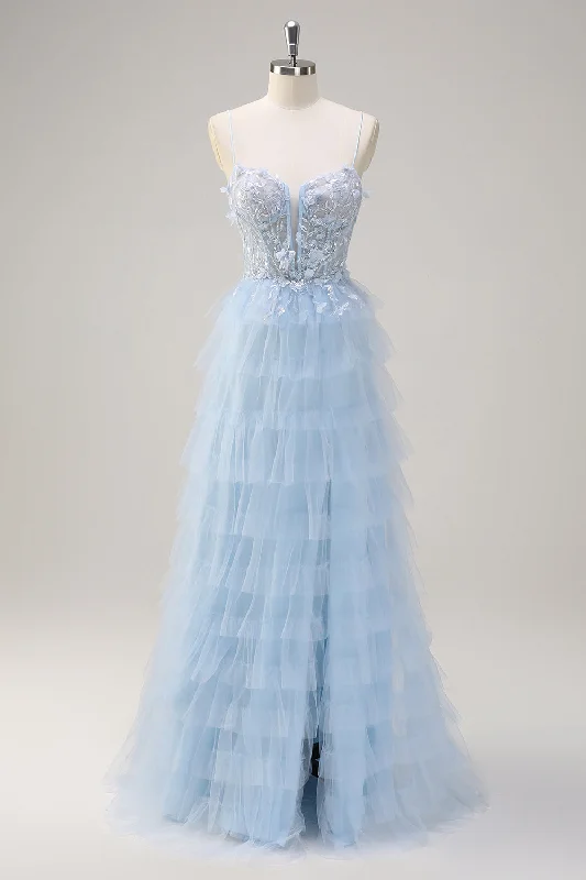 Graduation Dresses for Milestone -Light Blue Spaghetti Straps A-Line Tulle Tiered Long Corset Prom Dress with Slit