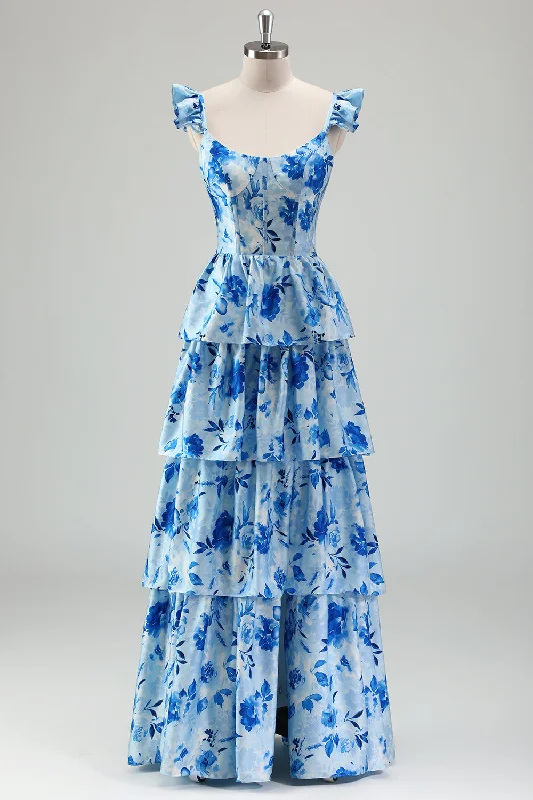 Capri Dresses for Playful -Blue Floral A Line Corset Tiered Long Bridesmaid Dress with Slit