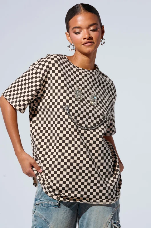 Punk Blouses with Spikes -RHINESTONE SMILEY FACE OVERSIZED CHECKERED TSHIRT